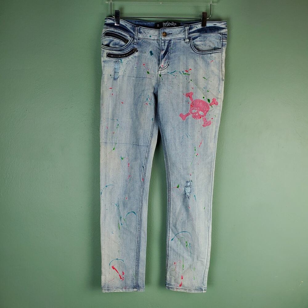 Lip Service Paint Splatter Skull Crossbones Jett Skinny Jeans Size 15 Juniors